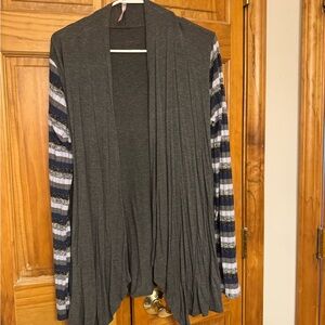 Open-Front Draped Cardigan Sweater in Charcoal with Striped Sleeves